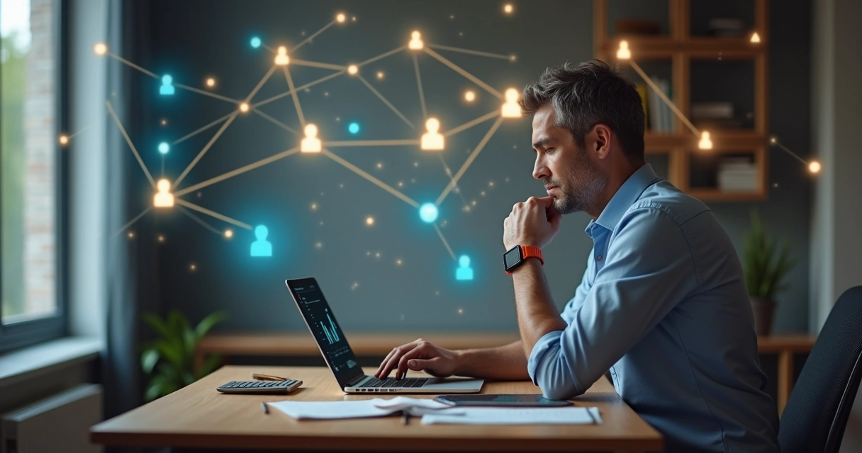 Pessoa analisando finanças conectada a uma constelação de relações ao fundo 