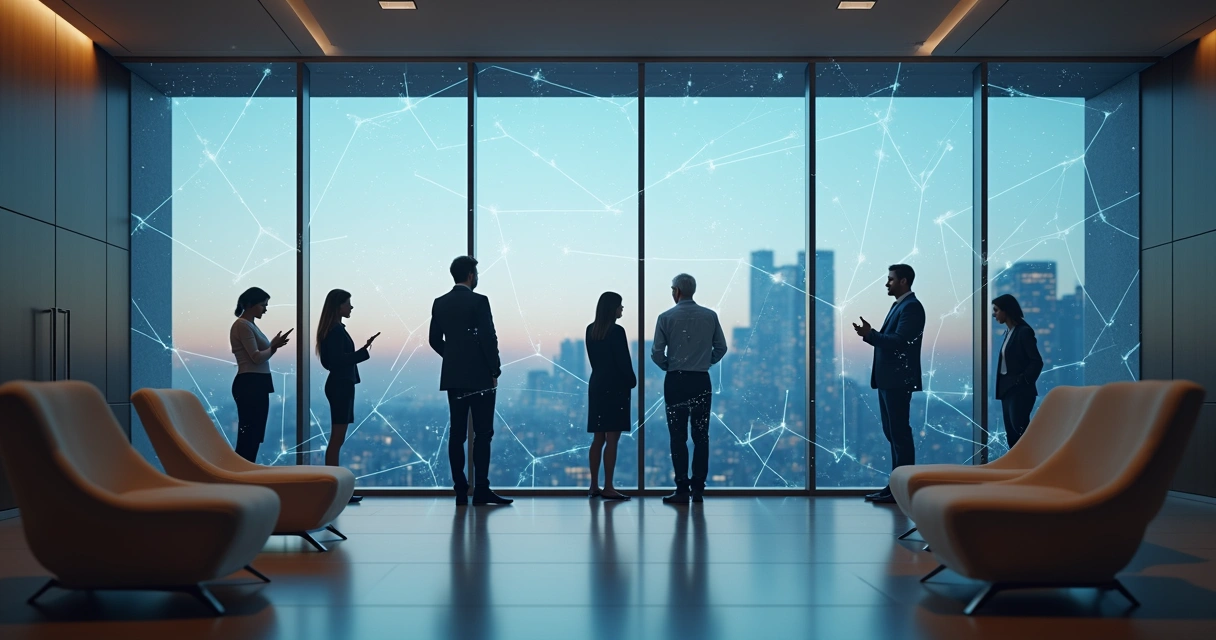 Painel transparente com silhuetas de gerações conectadas por linhas de luz em escritório corporativo 