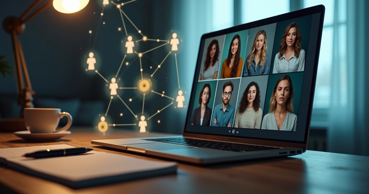 Grupo conectado em videoconferência com símbolos de constelação sistêmica ao fundo 