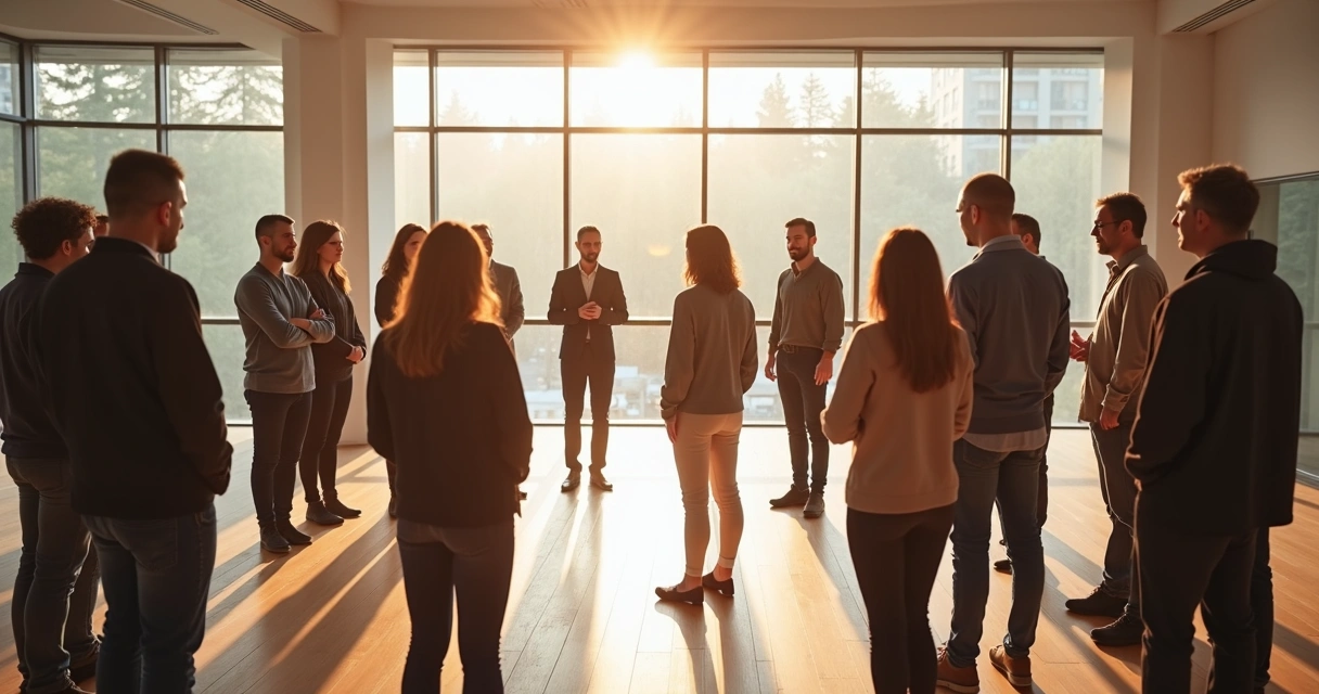 Grupo de pessoas em círculo durante uma dinâmica de constelação em sala iluminada