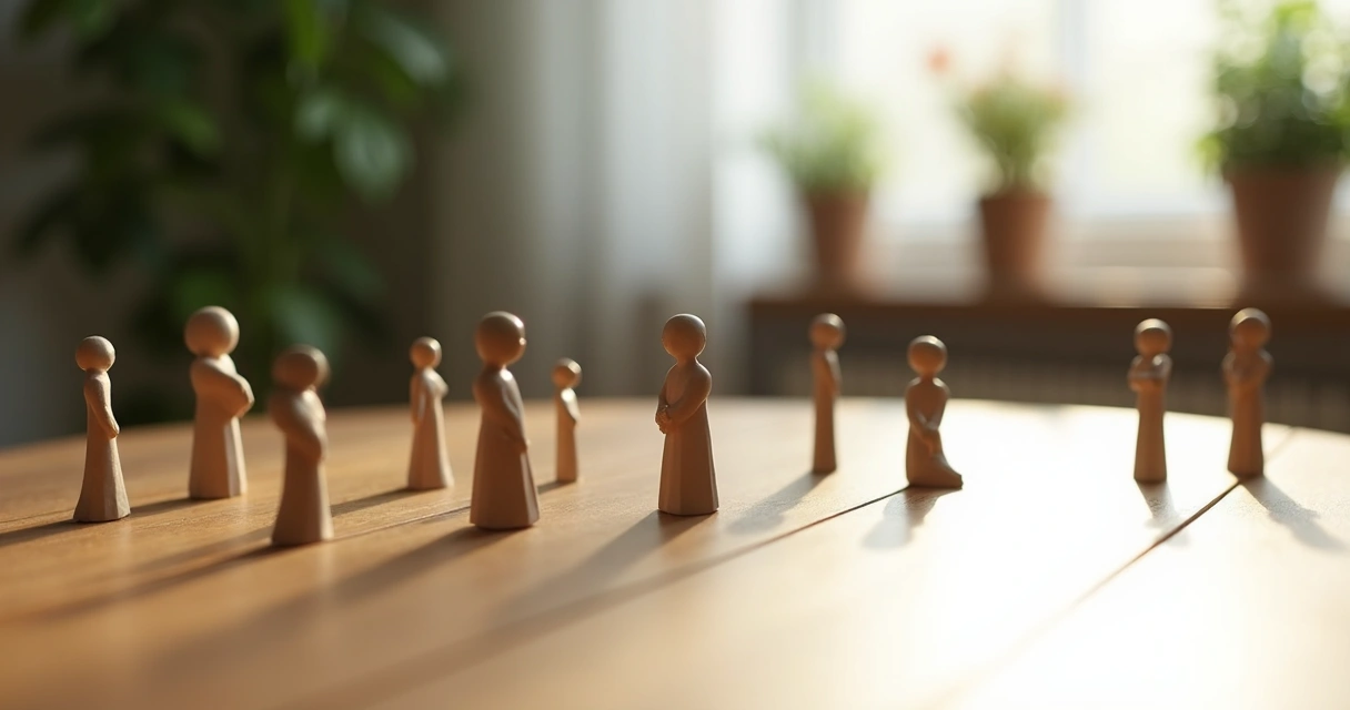 Mesa com bonecos usados em constelação sistêmica individual. 