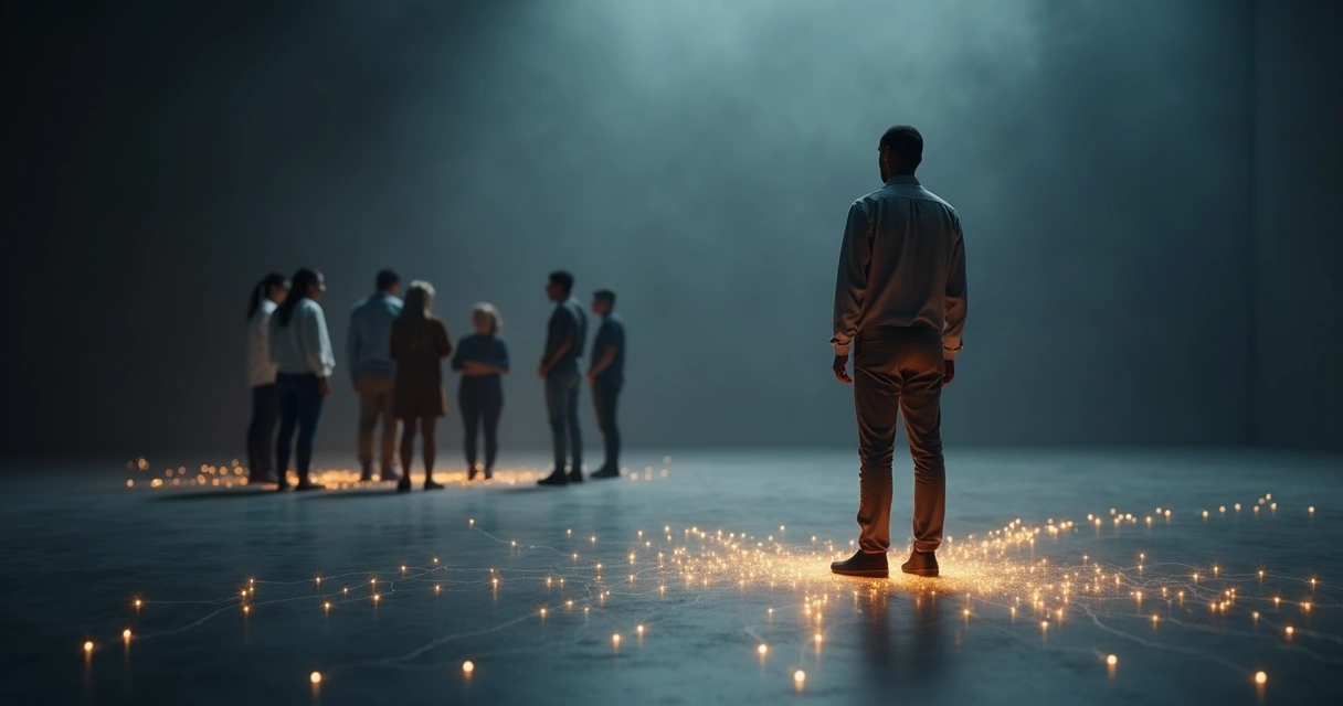 Pessoa em destaque conectada a grupo em círculo com linhas de luz 