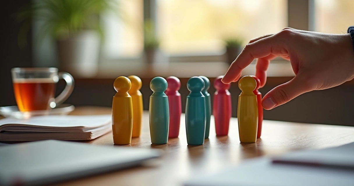 Sessão de constelação individual com bonecos em uma mesa 