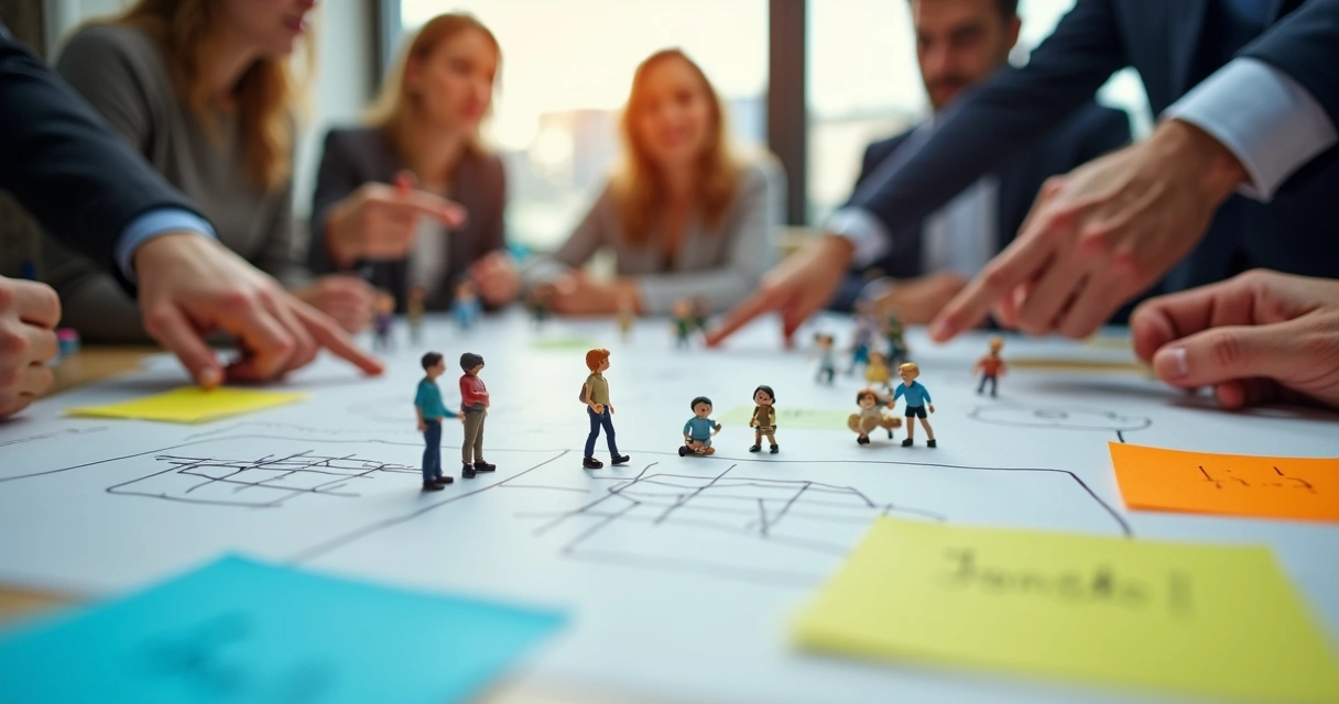 Dinâmica de grupo com post-its e bonecos sobre uma mesa sendo observada por líderes 