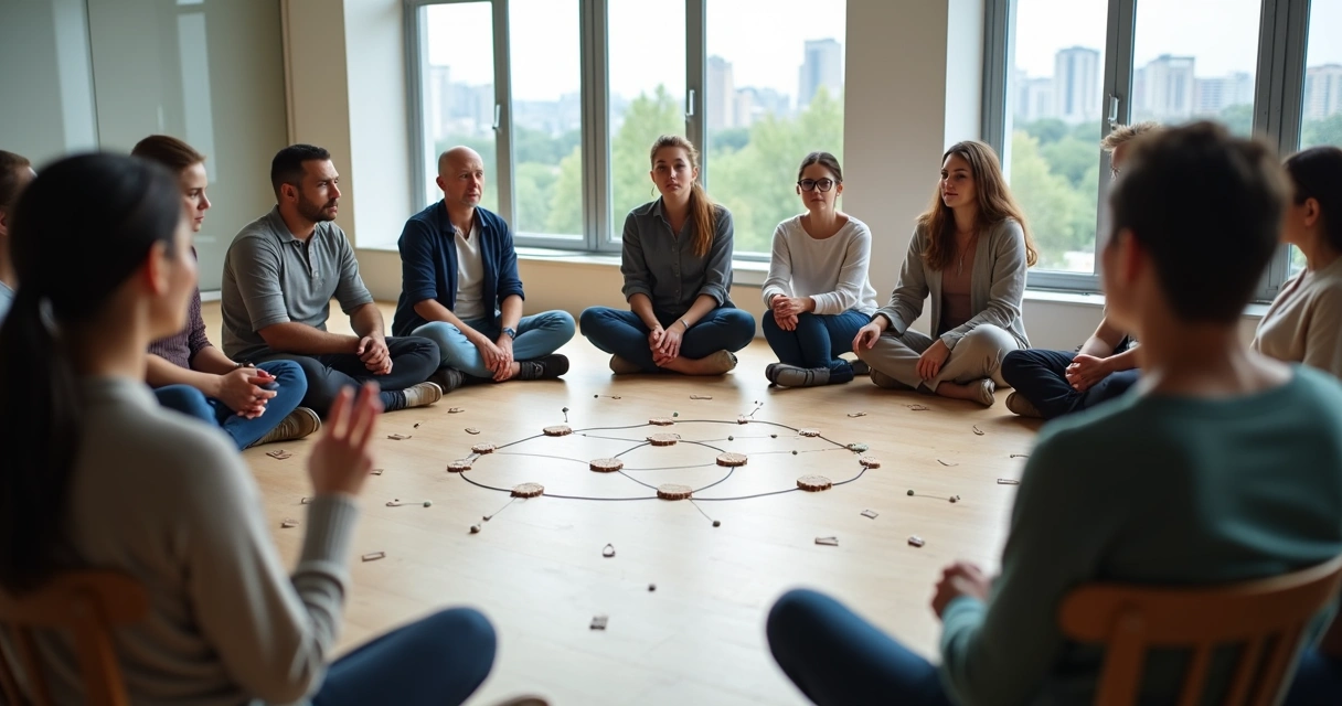 Facilitador mediando círculo de pessoas em conflito social 