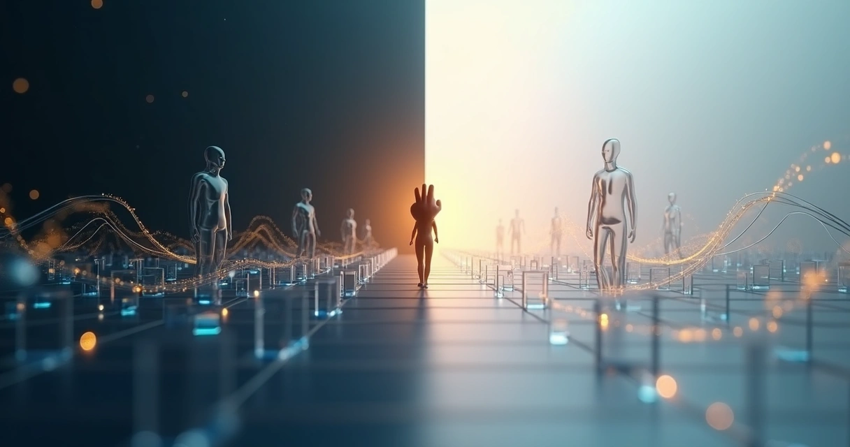 Comparação visual entre fluxos humanos orgânicos e estruturas geométricas rígidas 