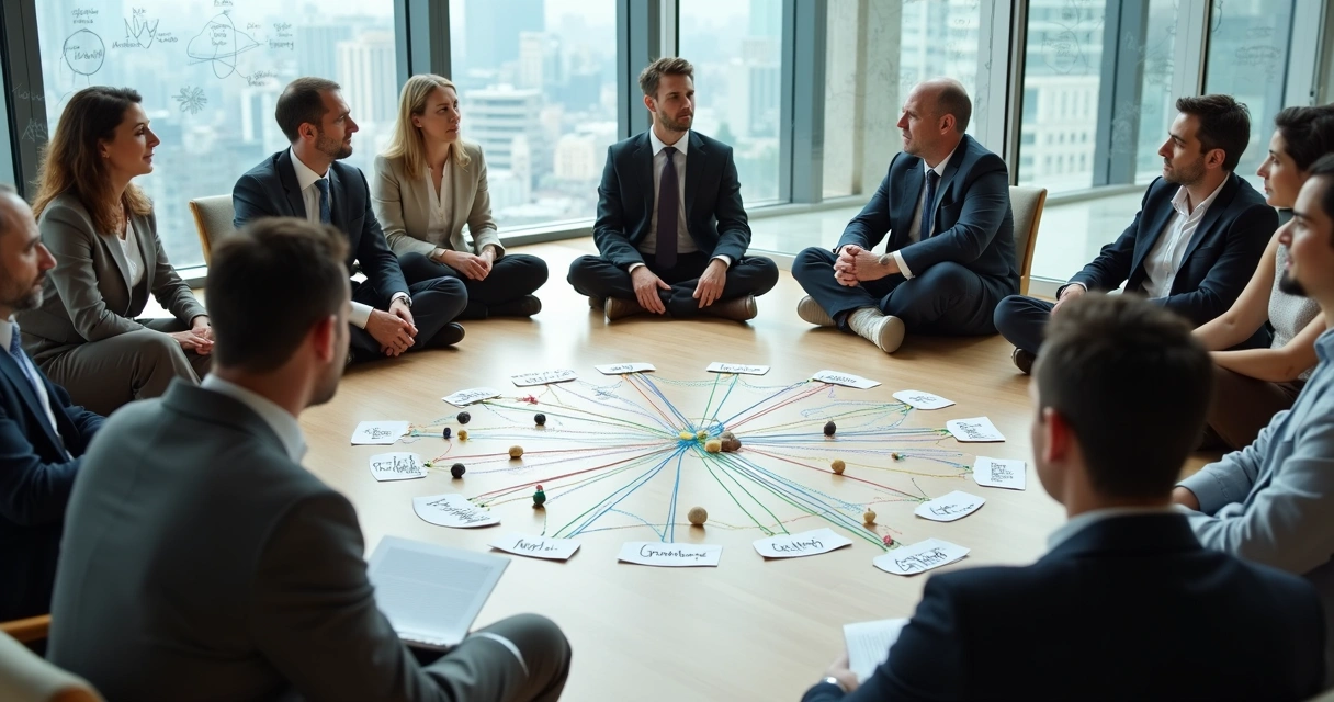 Grupo de líderes em círculo observando representação visual de conexões sistêmicas 