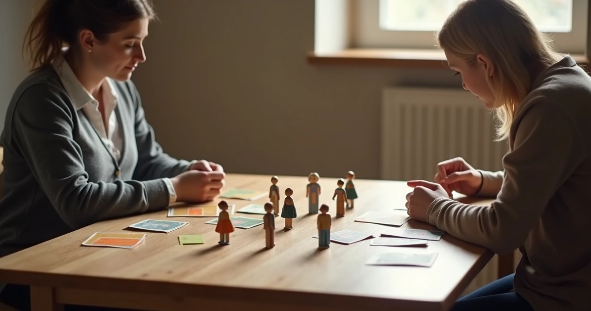 Facilitador usando bonecos em mesa para constelação individual