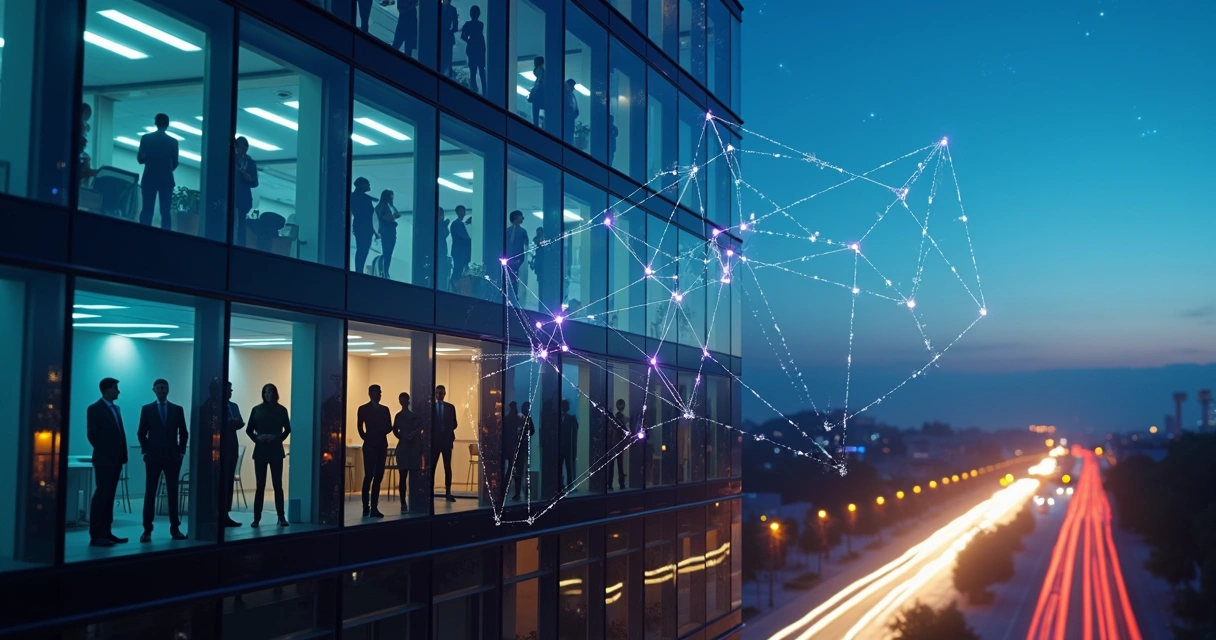 Diagram of employees connected by light lines forming constellation over city office 