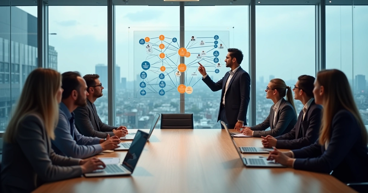 Equipe em reunião olhando para painel com organograma e conexões em ambiente corporativo moderno 