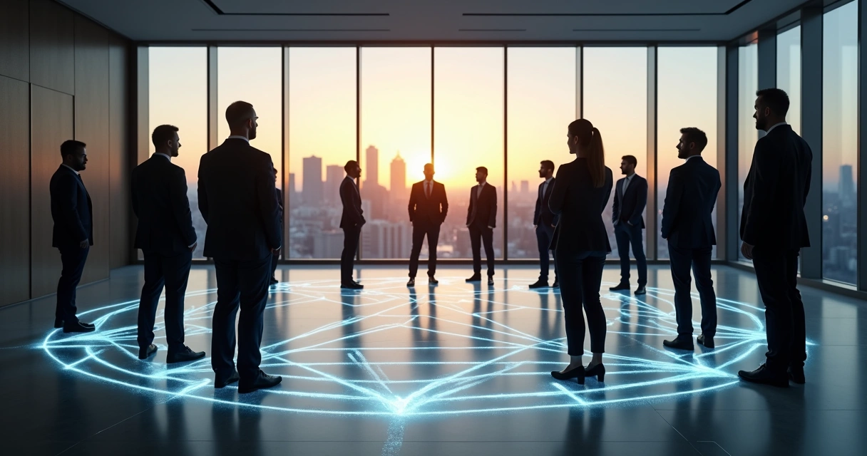 Equipe em círculo com conexões luminosas simbolizando constelação organizacional 