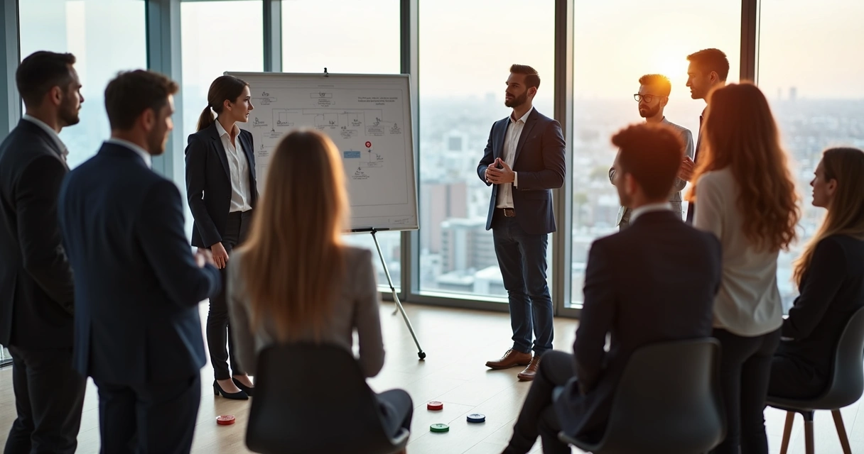 Equipe reunida em círculo em sala de reunião 