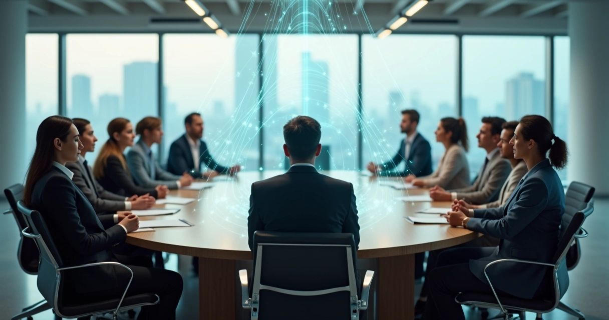 Líder observando equipe em círculo com conexões sistêmicas sobrepostas 