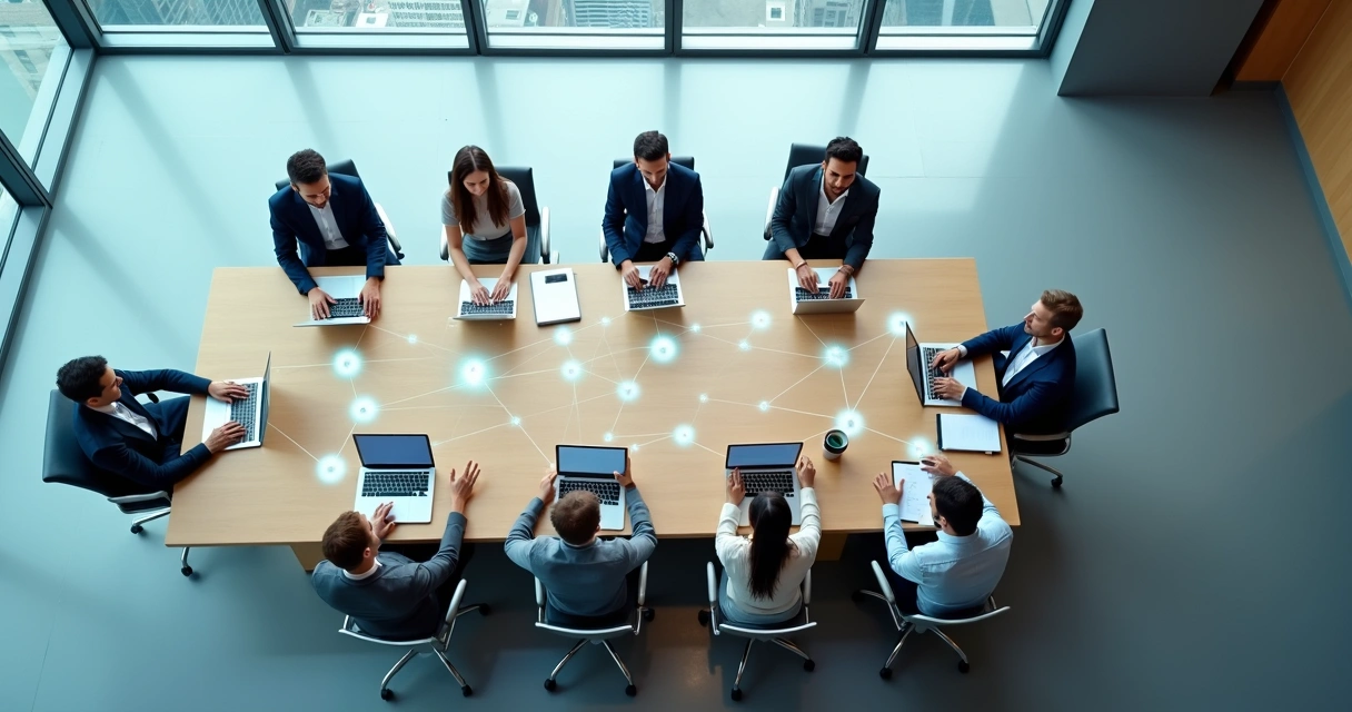 Equipe em escritório vista de cima conectada por linhas formando uma constelação organizacional 