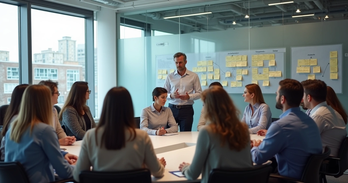 Facilitador conduzindo constelação organizacional em sala de reunião moderna, participantes atentos 