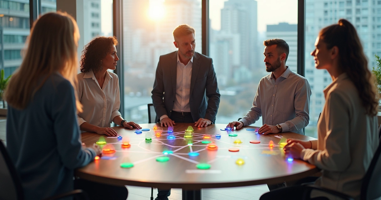 Equipe de pequena empresa em círculo conectada por linhas coloridas em escritório moderno 