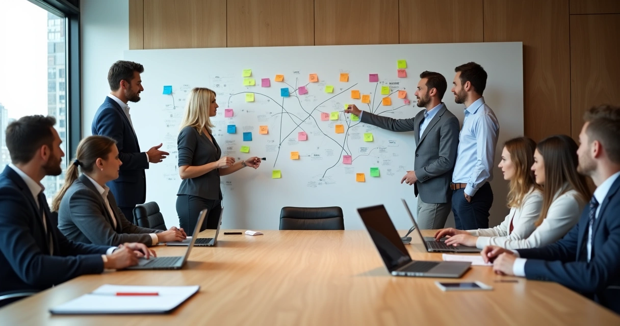 Equipe em reunião observando mapa organizacional com conexões coloridas na parede 