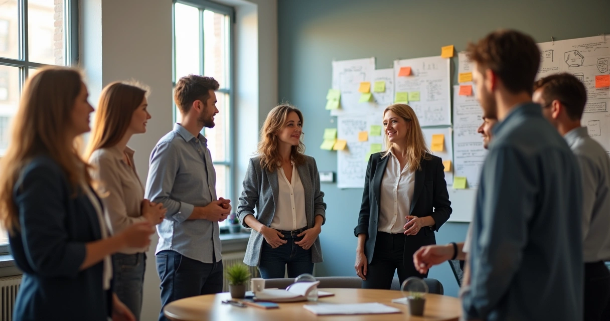 Pessoas representando equipes em reunião, em círculo 