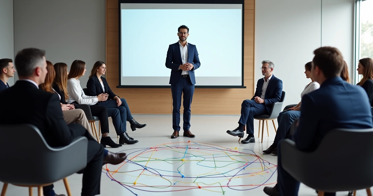 Facilitador conduzindo constelação sistêmica em empresa 