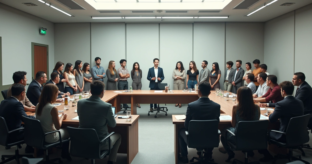Grupo reunido em sala fazendo dinâmica com representantes em conflito