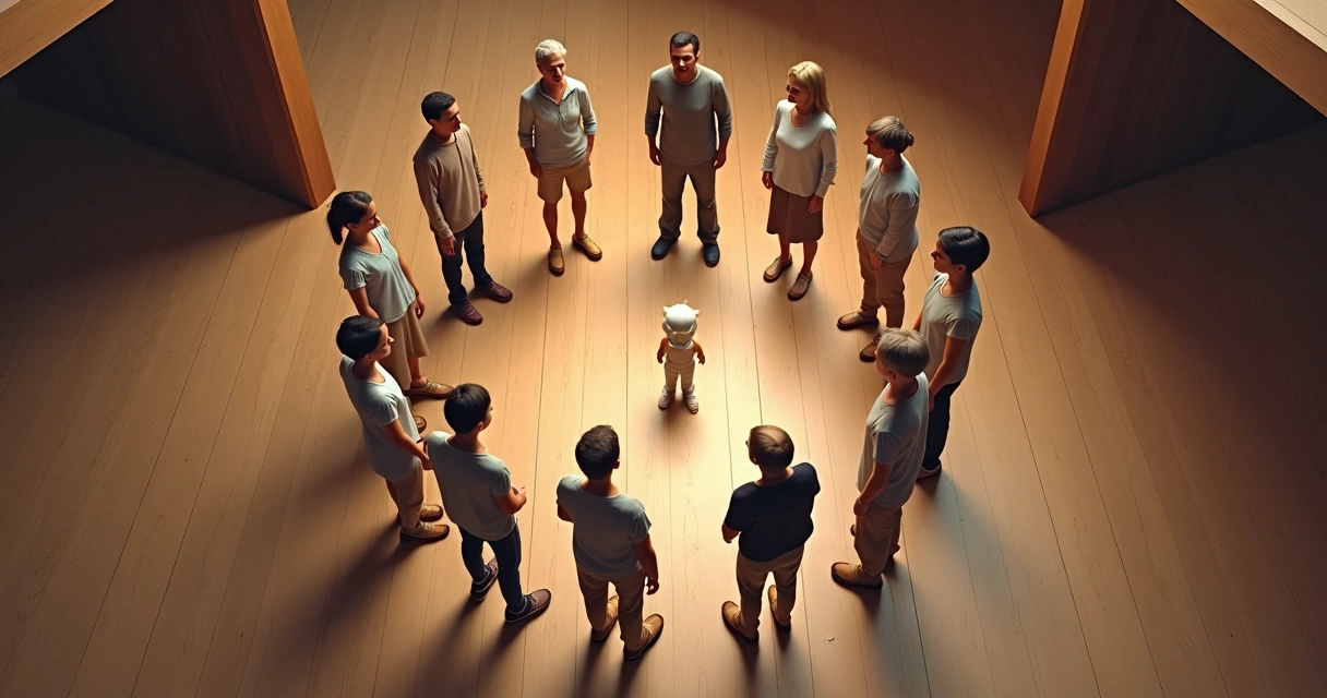 Representação de pessoas em círculo com figuras ao centro em um ambiente acolhedor