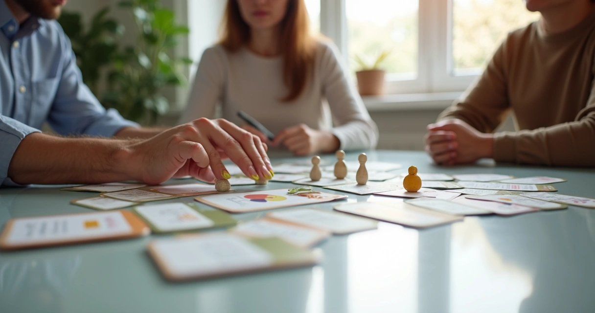 Cartas e símbolos usados em um processo de constelação sistêmica em mesa de trabalho 