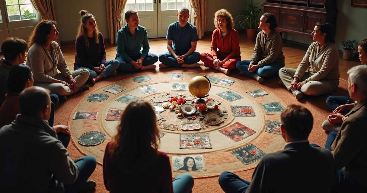 Círculo de pessoas com objetos culturais durante constelação sistêmica 