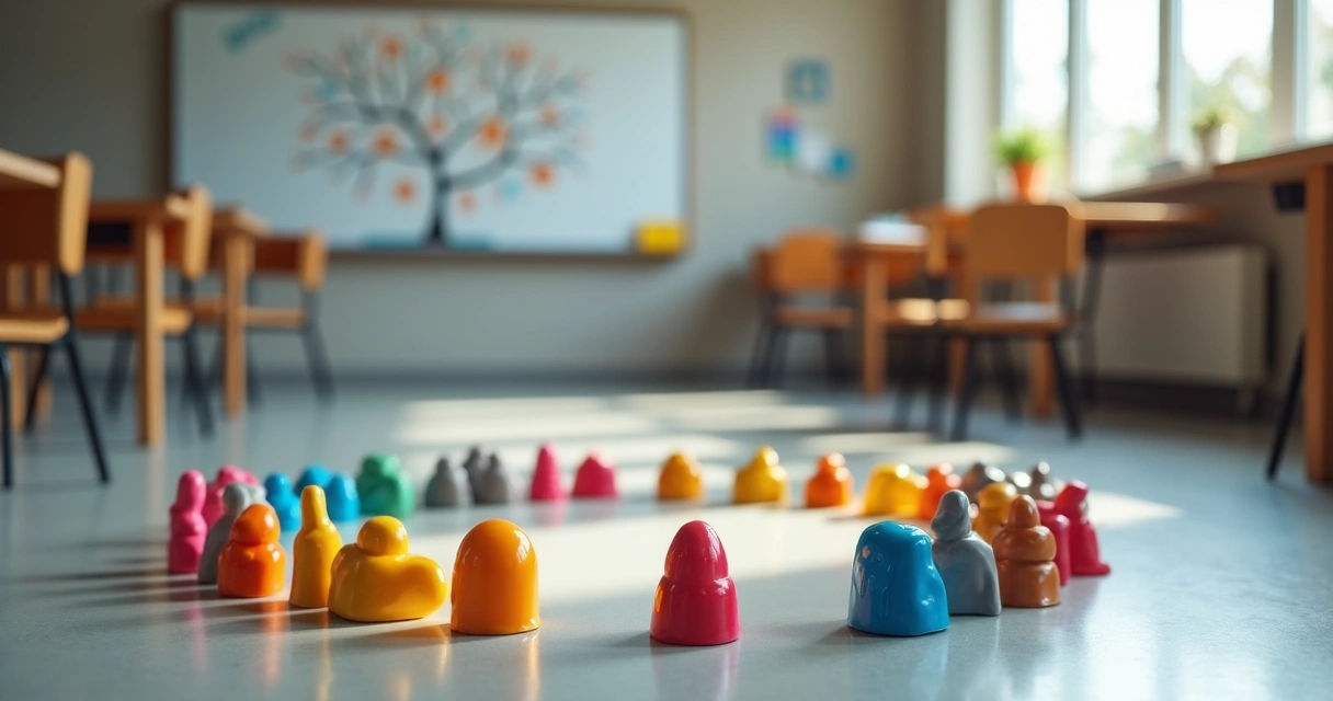 Objetos coloridos representando sistemas em uma sala de aula. 