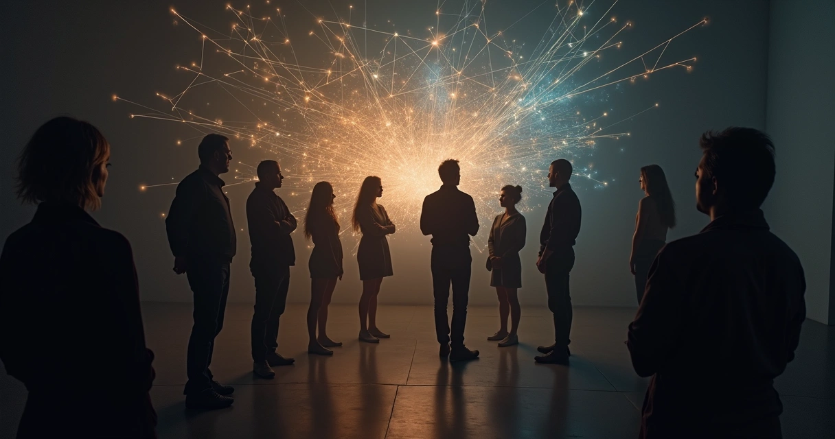 Luzes suaves desenhando formas conectando pessoas em constelação sistêmica 