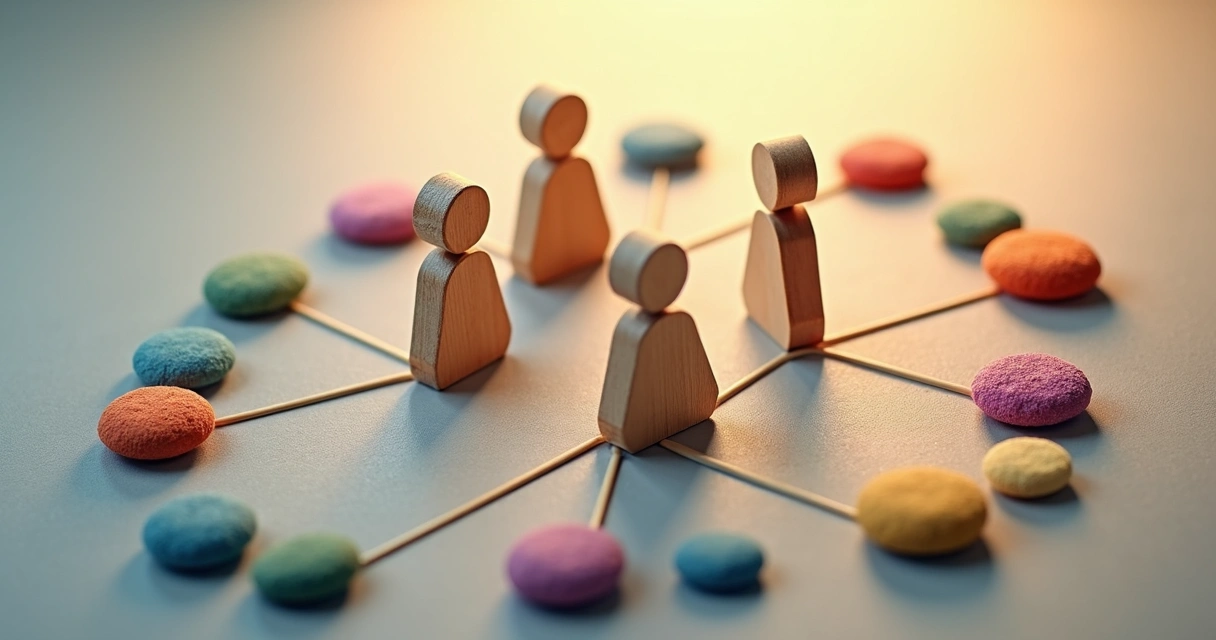 Símbolos humanos representando uma família em círculo com linhas conectando-os.