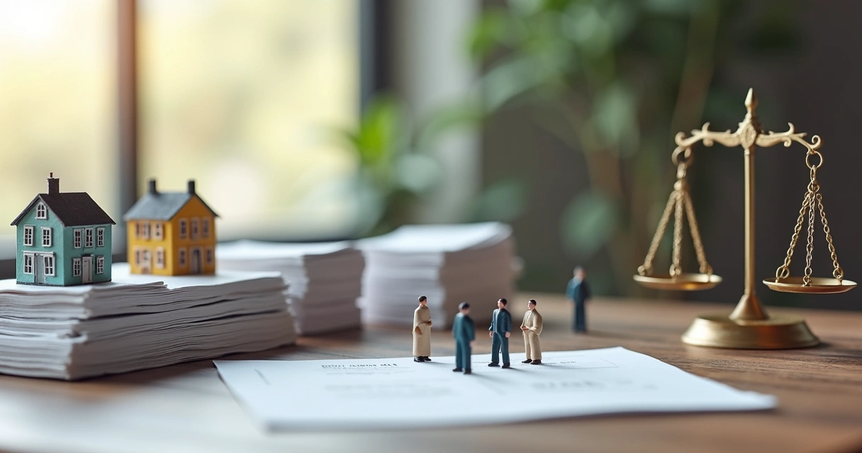 Miniaturas de edifícios e papéis simbolizando temas públicos 