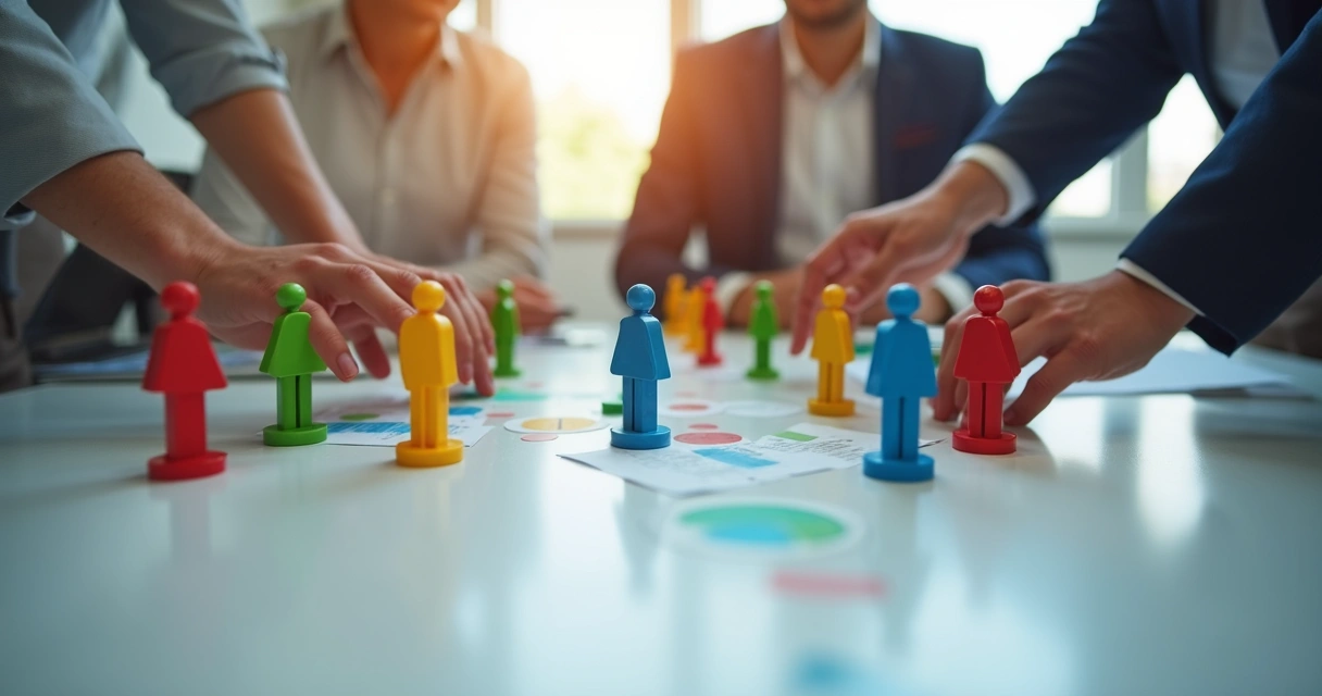 Figuras representando setores de uma organização sobre uma mesa de reunião 