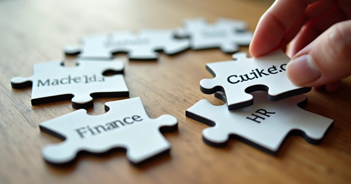 Elementos simbólicos como peças de quebra-cabeça representando departamentos empresariais 