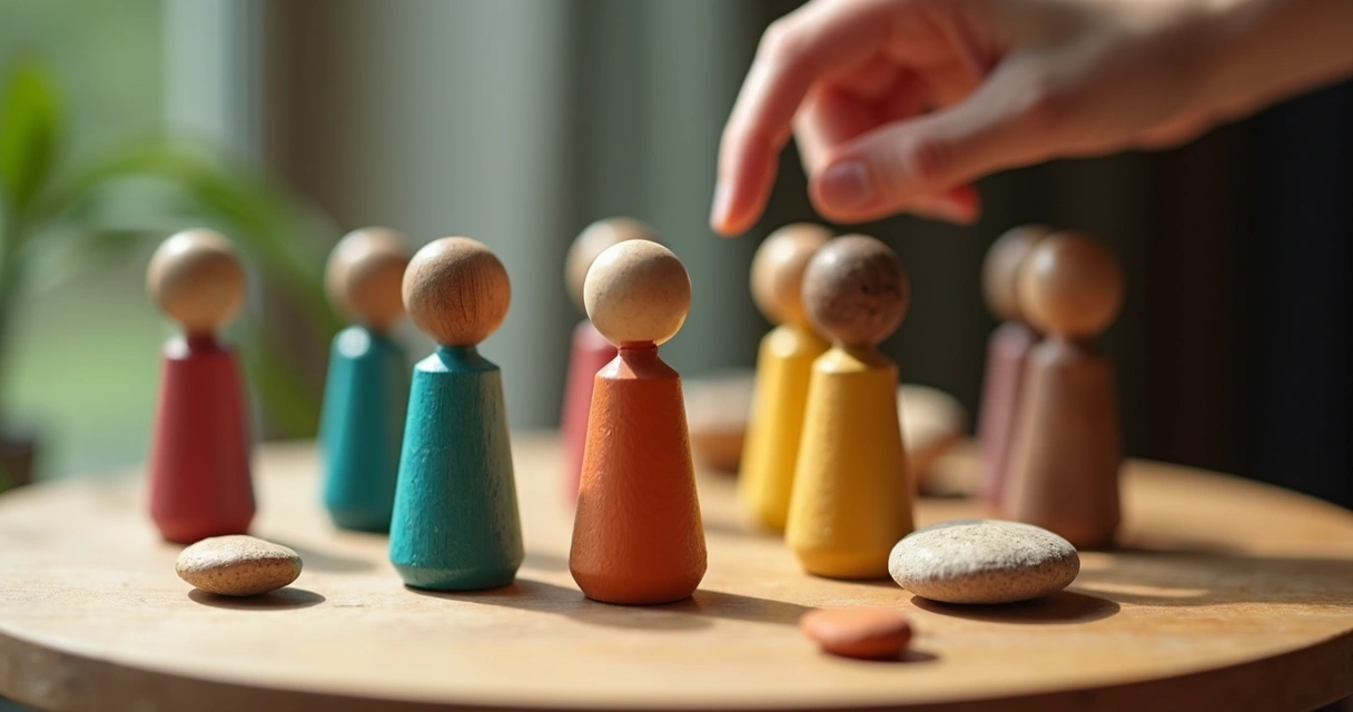 Objetos coloridos sobre mesa representando papéis diversos em constelação