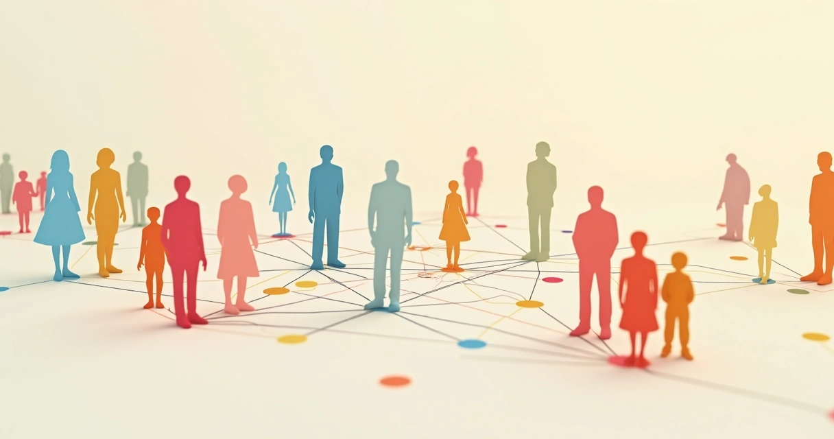 Representação gráfica de figuras humanas organizadas em círculos interconectados