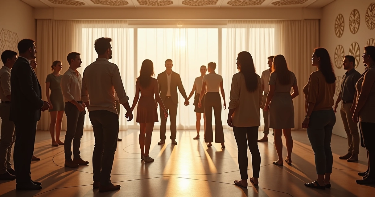 Grupo de pessoas formando rede em sala iluminada 