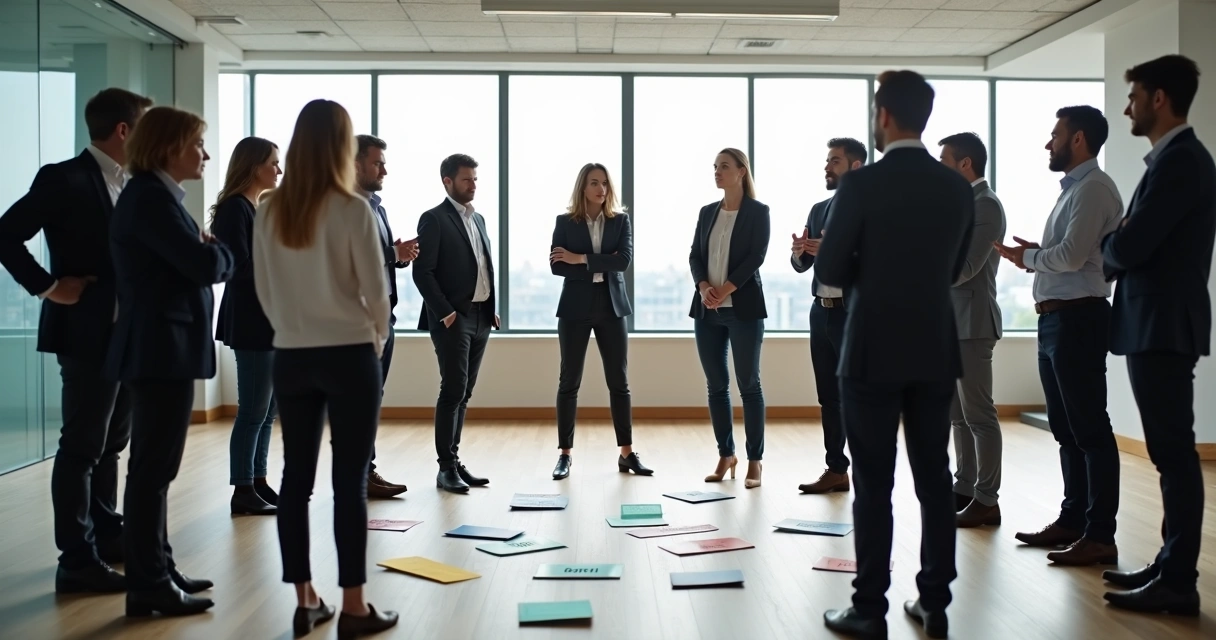 Representação de pessoas em círculo em ambiente corporativo realizando dinâmica sistêmica 