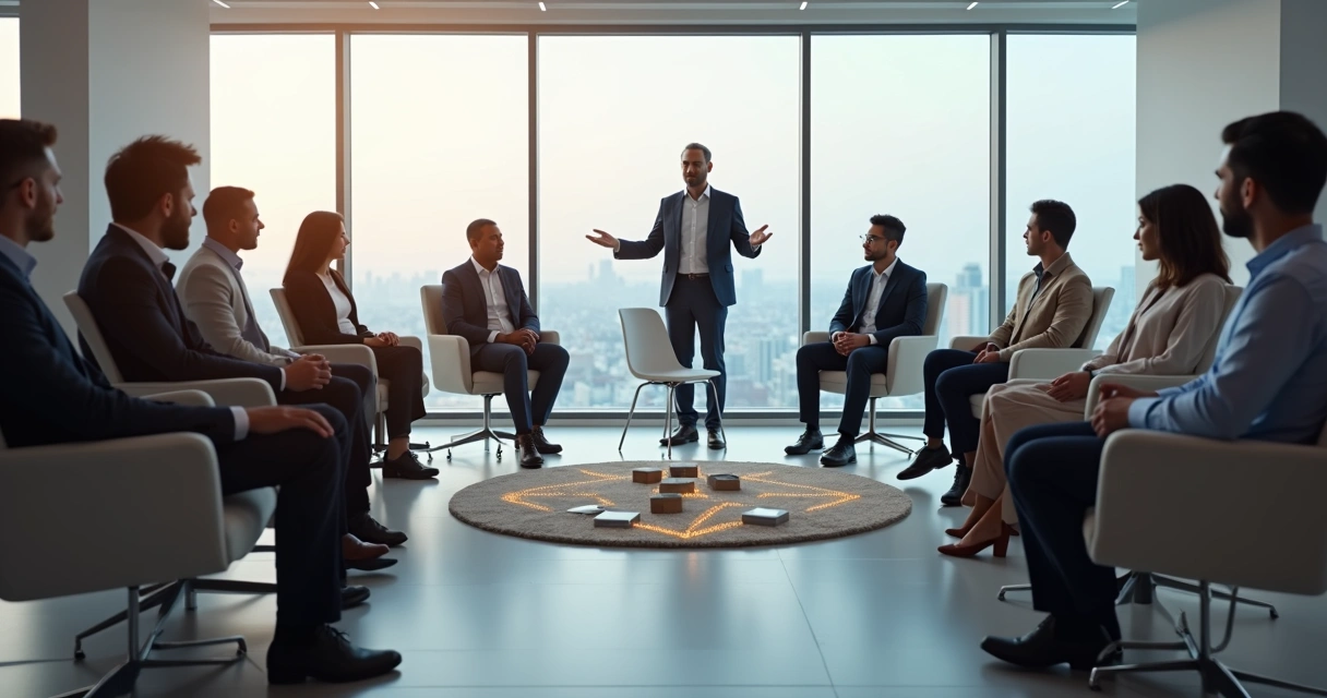 Reunião de equipe em círculo com conexões luminosas representando constelação sistêmica no trabalho 