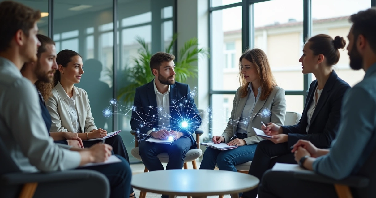 Profissionais em círculo conectados por linhas representando constelação sistêmica no trabalho 