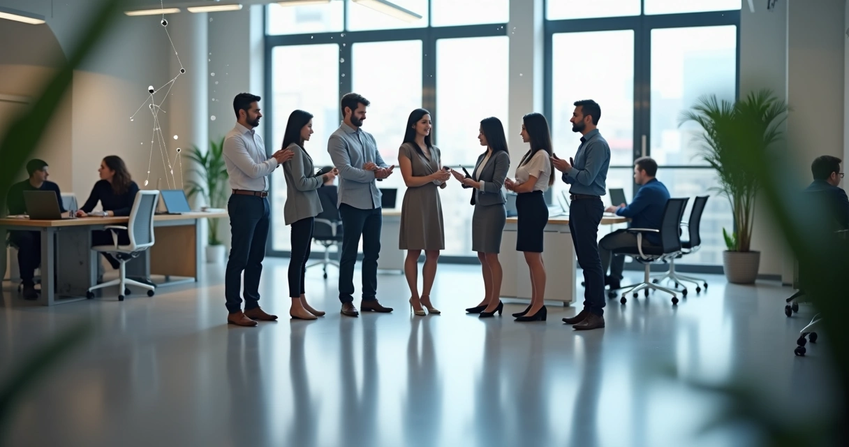 Equipe em escritório moderno conectada por linhas representando constelação sistêmica 