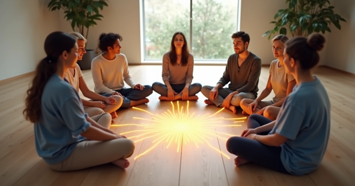 Amigos em círculo conectados por fios de luz representando vínculos sistêmicos 