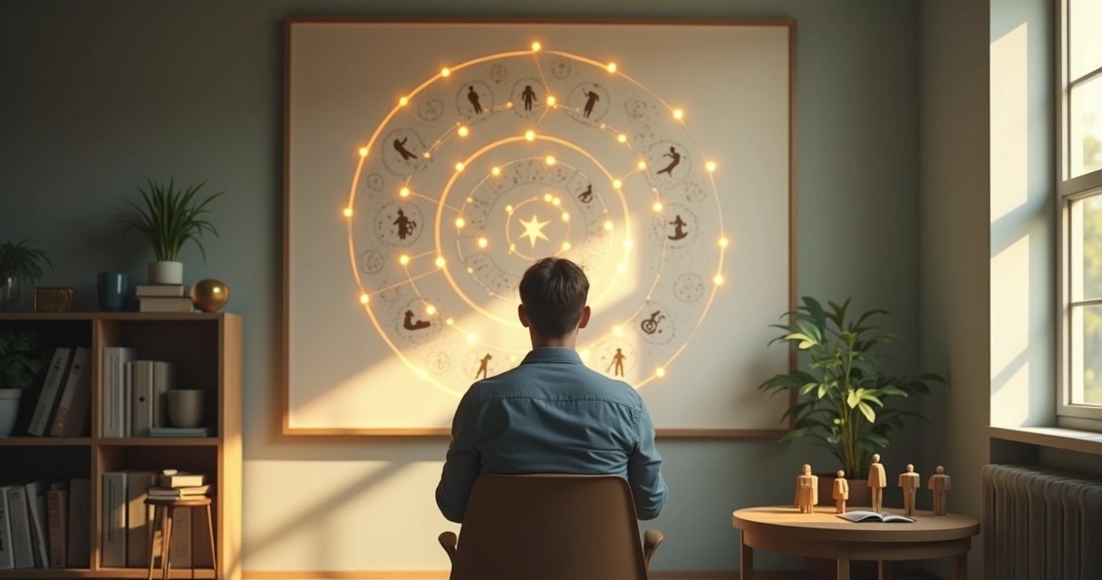 Pessoa observando silhuetas conectadas por linhas em um painel representando constelação sistêmica 