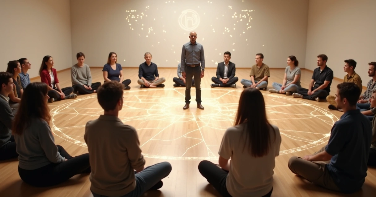 Grupo em círculo conectado por fios de luz representando constelação sistêmica 