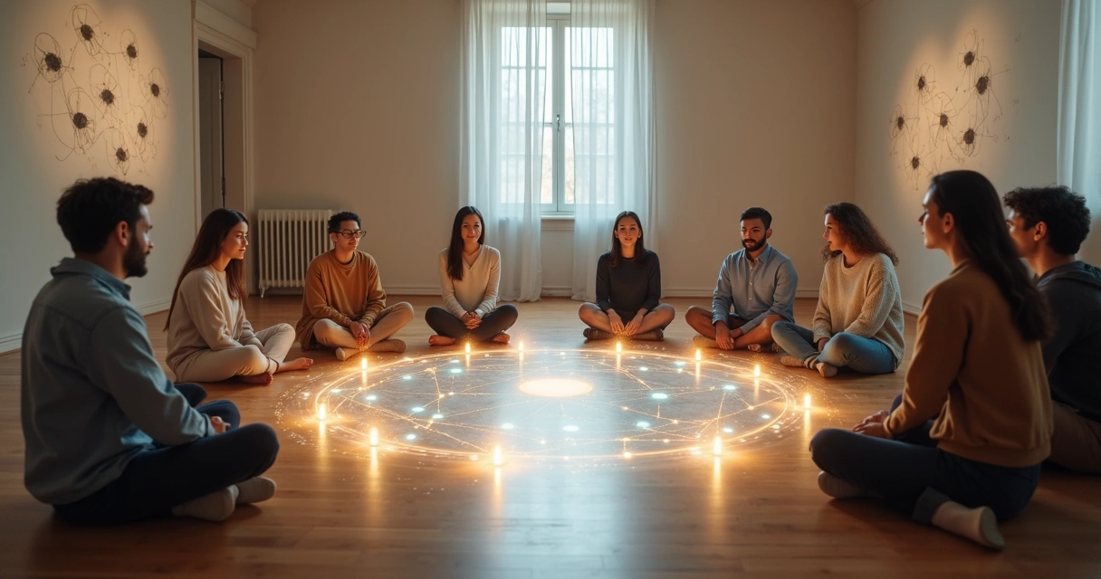 Grupo em círculo conectado por linhas luminosas sobre projeção de constelação 