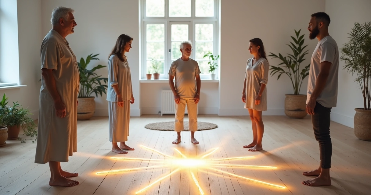 Sessão de constelação sistêmica com três gerações em círculo conectadas por linhas de luz 