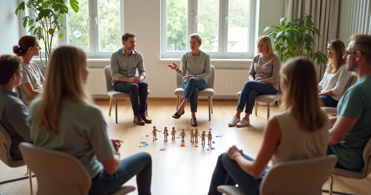 Grupo em círculo em sala clara com facilitador guiando dinâmica de constelação sistêmica 