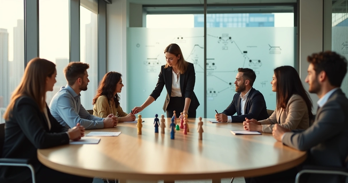 Equipe em reunião mediada com símbolos de constelação sistêmica sobre a mesa 