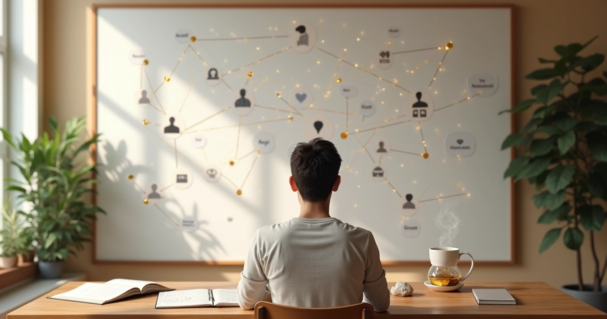 Pessoa olhando um painel com figuras conectadas por linhas representando relações sistêmicas 