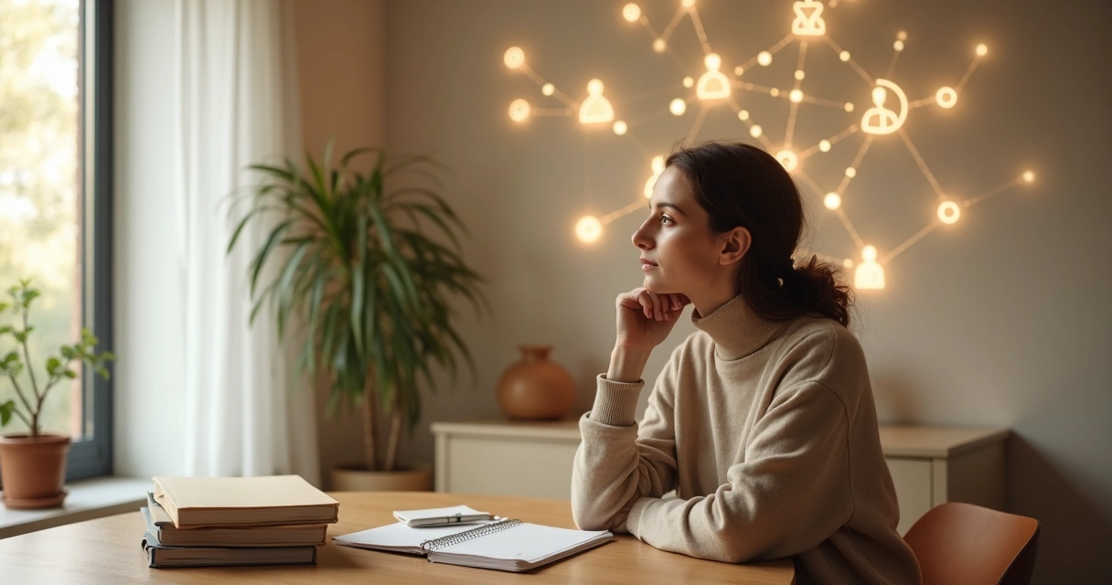 Pessoa refletindo sobre decisão com representação visual de constelação sistêmica ao fundo 
