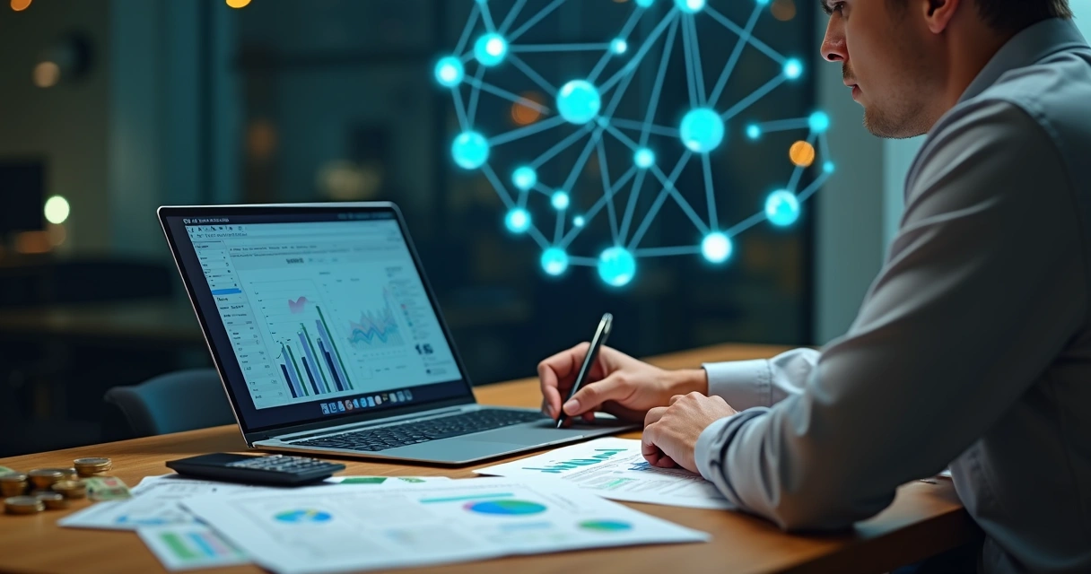 Pessoa analisando finanças com holograma de constelação sistêmica ao fundo 